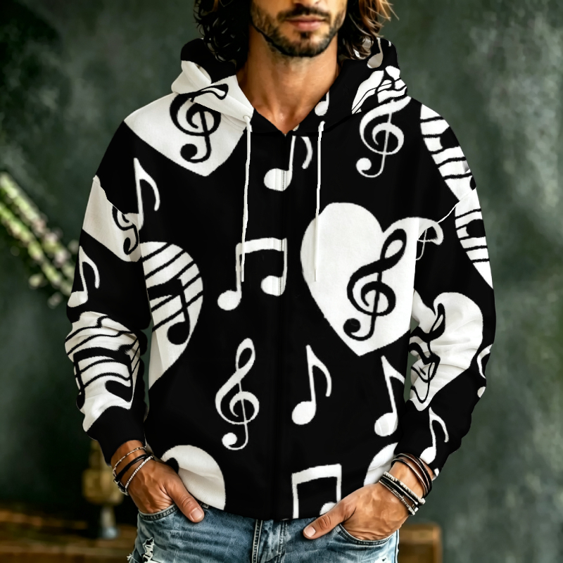 Street Fashion Definition - Men Zip Front Hoodie Music Note
